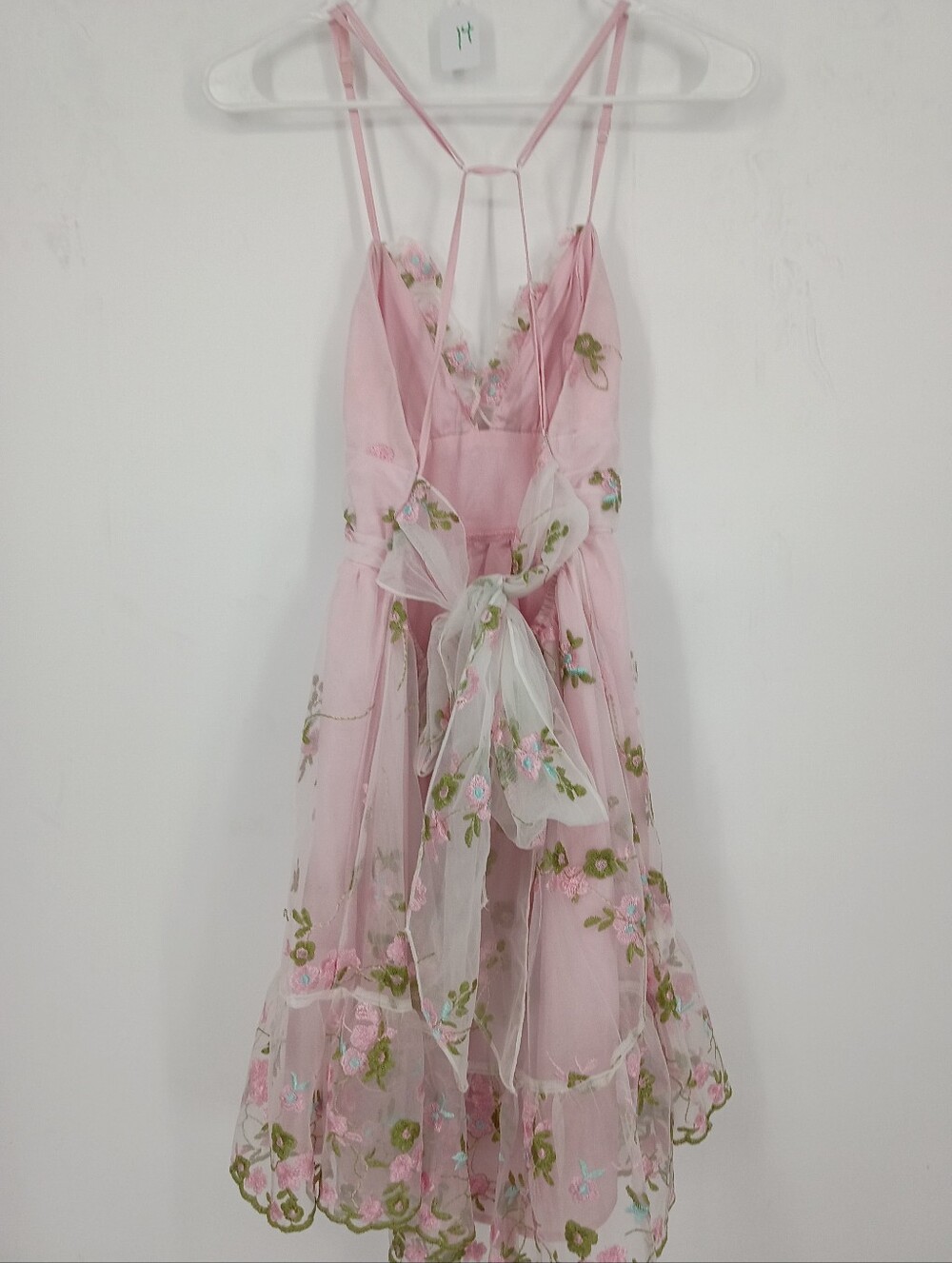 Coqutte Style Pink Floral Embroidered Mini Dress with Strappy Back Romantic Bow - Picture 2 of 7
